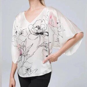White House Black Market Silk Watercolor Sketch Floral Blouse Size M WHBM